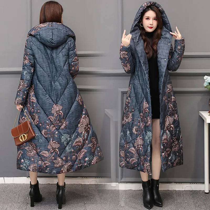 Fdfklak Hooded Thick Warm Parkas Women Vintage Printed Down Cotton Winter Coat Middle Aged Mother Overlength Padded Jacket