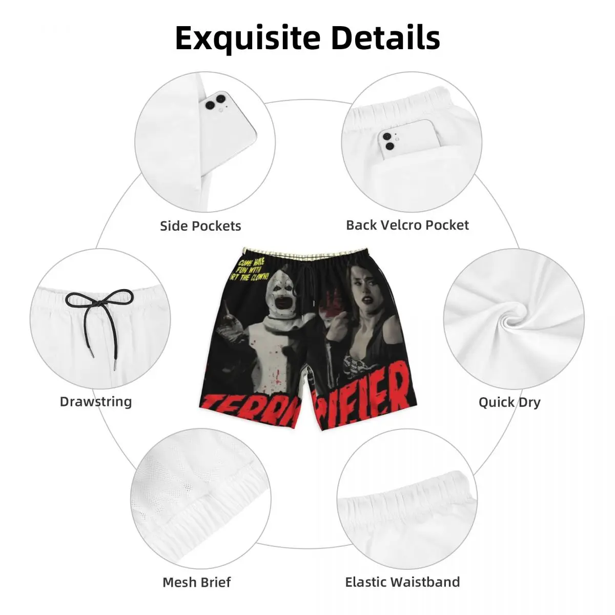 Gymshorts voor heren Terriifier Art The Clown Horror Poster Casual zwembroek Film Sneldrogend Sport Surf Grote maten strandshorts