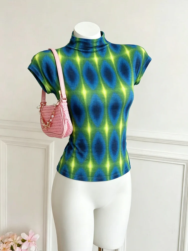 Blue Green Gradient Glow Oval Print Waffle Mock Neck Cap Sleeve Crop T-shirt Cyberpunk Slim Waist Hot Girl Top