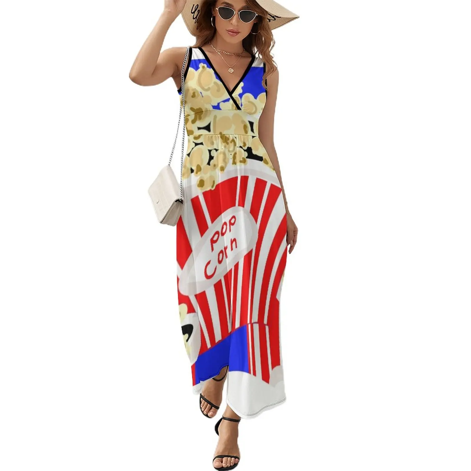 

Retro Popcorn red stripes Sleeveless Dress long dress women summer chic and elegant evening dress