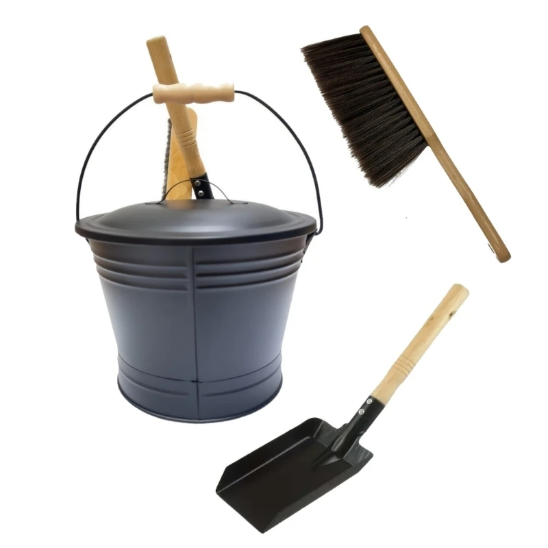 Metal Fireplaces Hot Ashes Collect Bucket with Shovel and Brush Portable Fireplaces Ashes Cleaning Tool Fireplaces 37JD