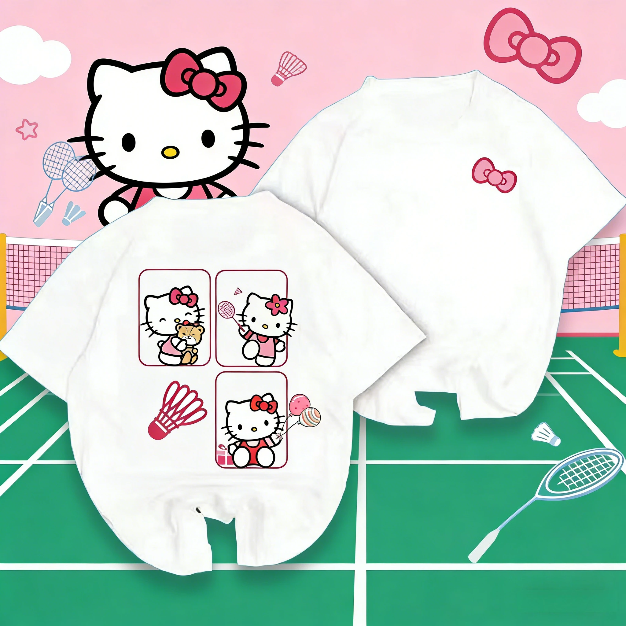 

Летняя футболка оверсайз 2026 года с принтом Hello Kitty в спортивном стиле и тематикой домашних животных, 100% чистый хлопок, свободный крой, для взрослых, детей и родителей