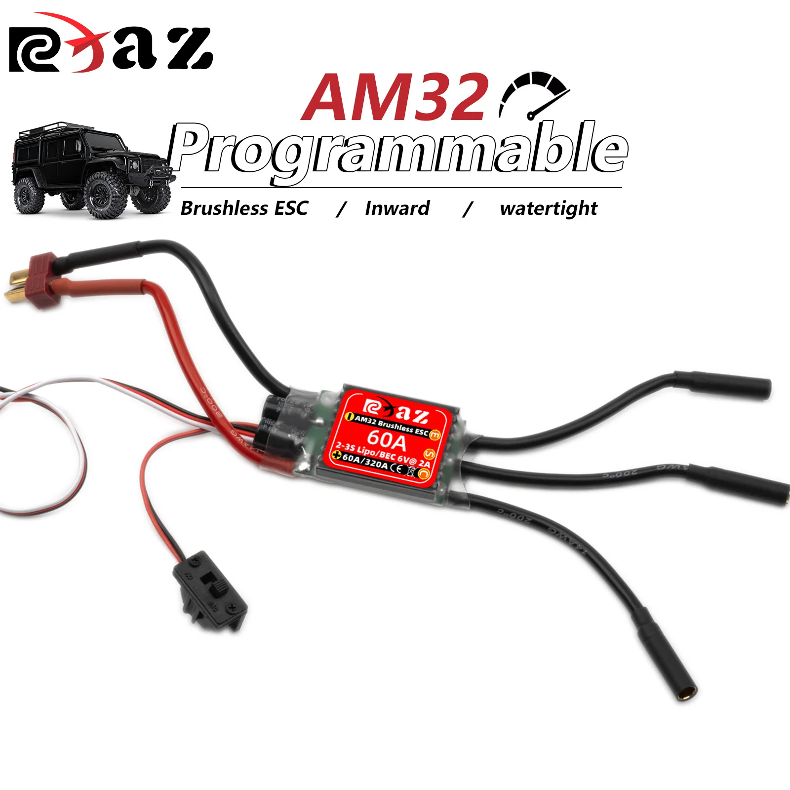 

RCXAZ AM32 60A Brushless ESC Electronic Speed Controller ESC Waterproof for 1/10 RC Car Programmable with SUB RC ESC