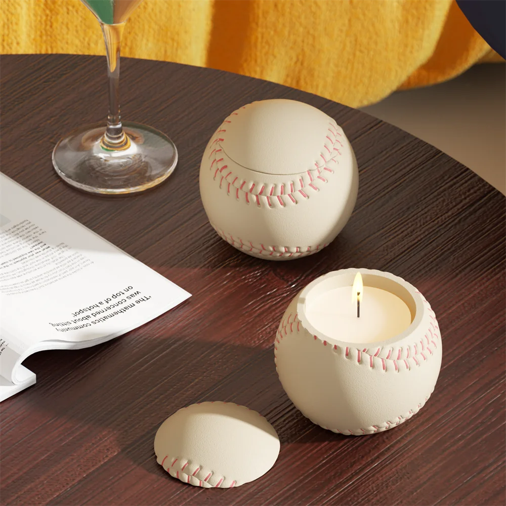 Nicole Baseball Candle Vessel with Lid Concrete Silicone Mold Hanamde Candle Jar Silicone Molds for Cement Home Decor