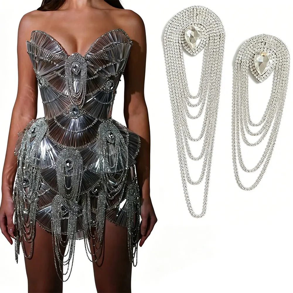 Silver Rhinestone Tassel Applique, Sparkling Crystal Fringe Patch for Evening Dresses, Party Gowns