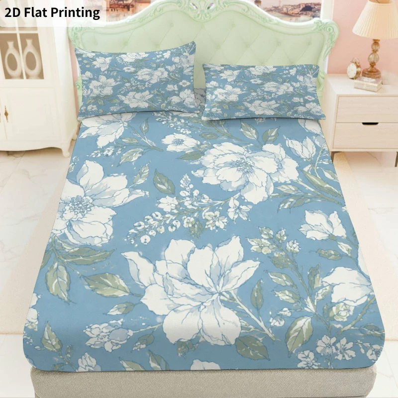 3Pcs Floralblue Fitted Sheet Three Piece Set (1*Fitted Sheet + 2*Pillowcases, Coreless), Bedding Set