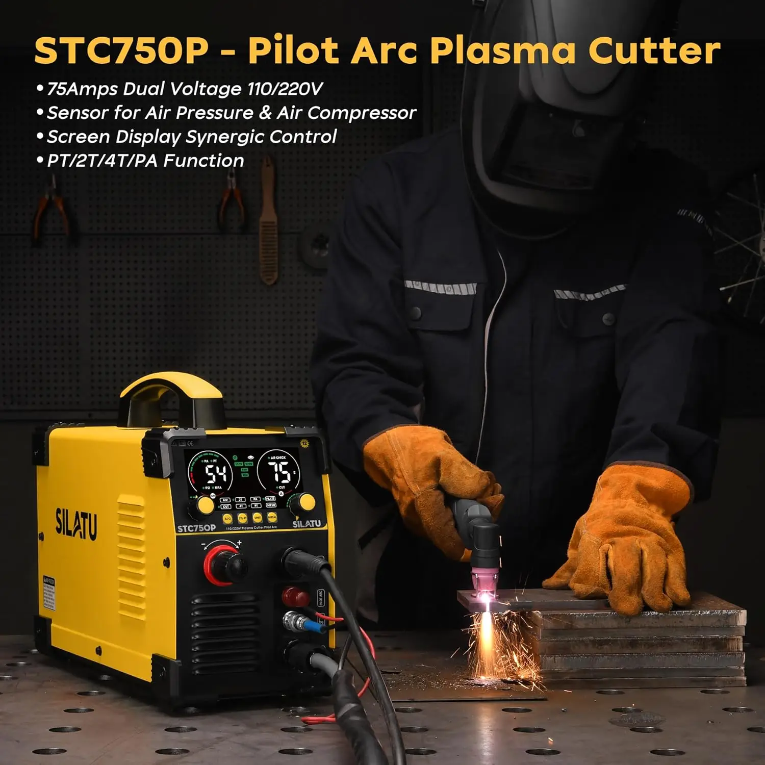 75Amps Plasma Cutter, Large LED Display, Non-Touch Pilot Arc, Air Sensor Technology, 110/220V Dual Voltage IGBT Inverter