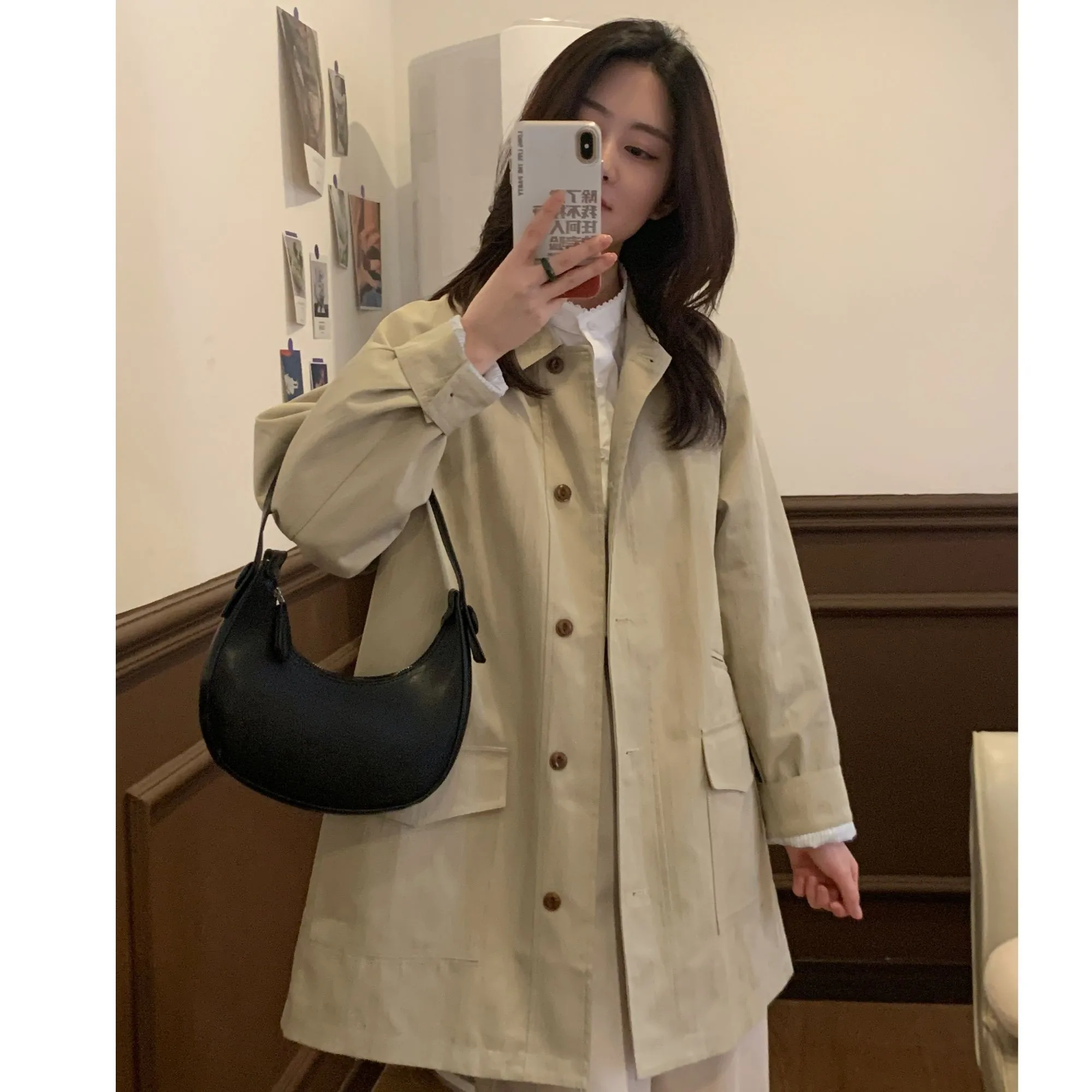 

Young Casual Versatile Retro Design Sense Coat B2054 Commute Loose Fit Long Sve Collar Mid-Length Single Button