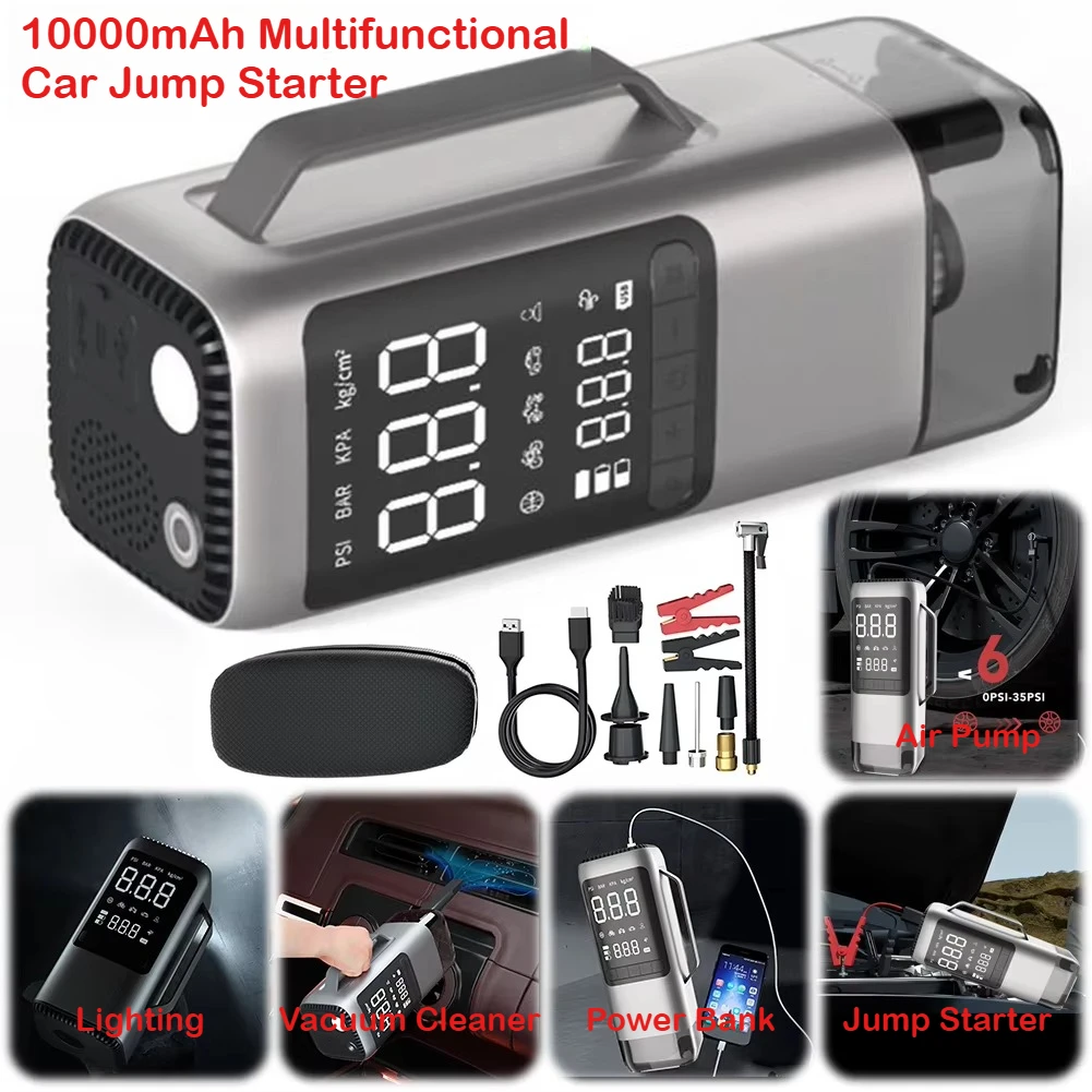 

10000mAh Car Jump Starter Power Bank Compact Air Compressor Vacuum Blower All-in-One Emergency Charger