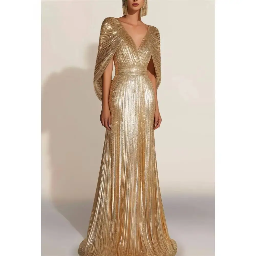 

Gold V-Neck Prom Dress Shawl A-Line Glitter Floor-Length فستان سهرة نسائي Wedding Party Dress Pleated Customized