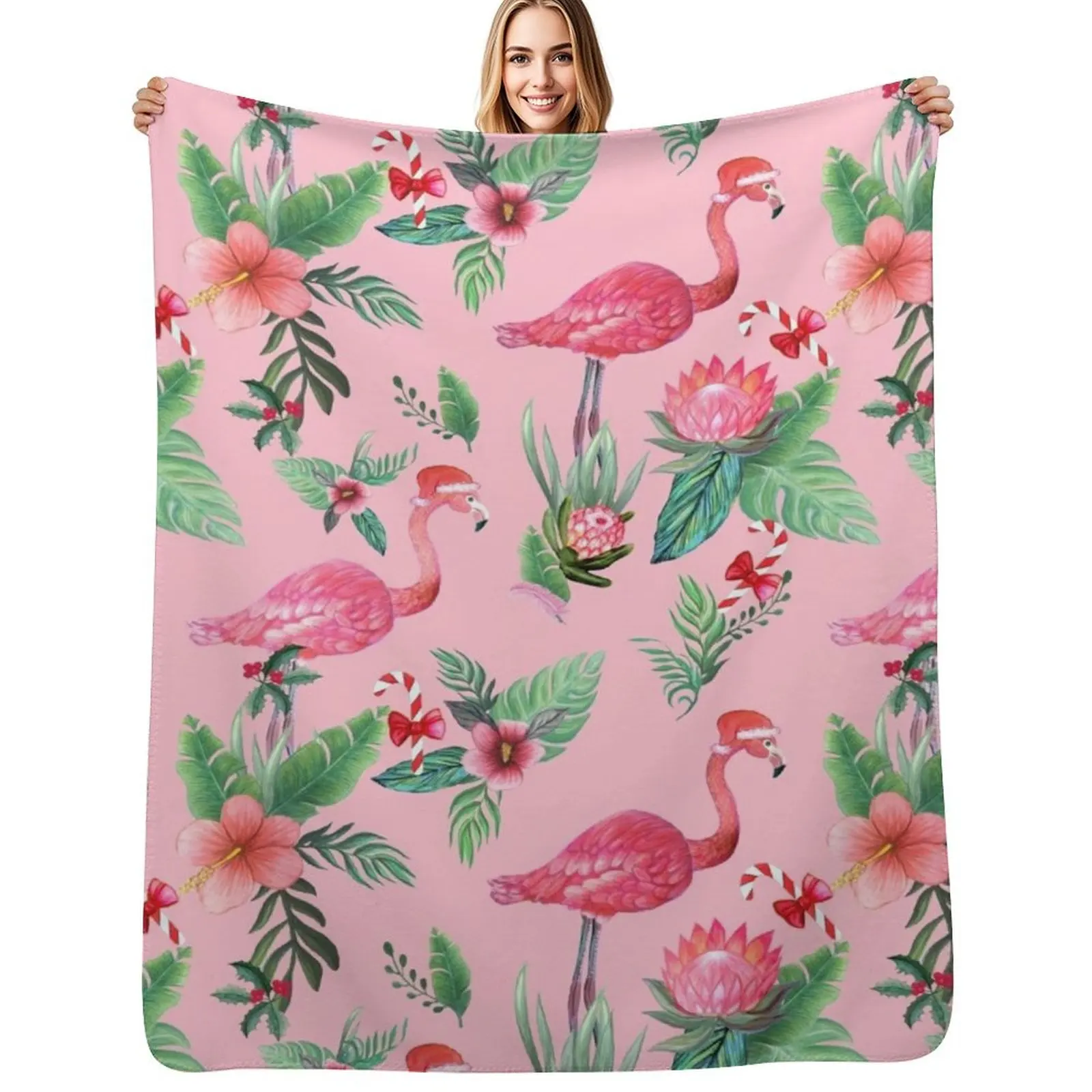 

Christmas Flamingo Santa on Pink with candy canes / Tropical Christmas Throw Blanket Thin Decorative Sofas Blankets