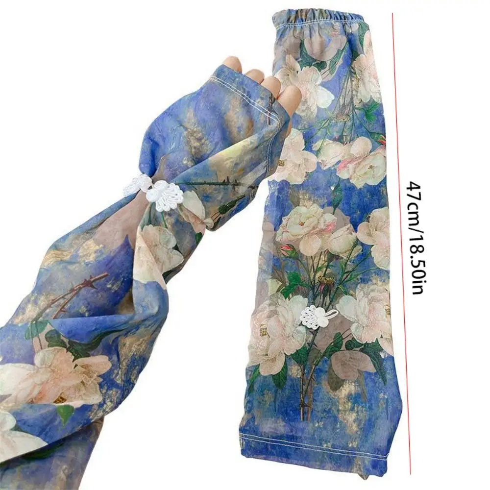 Chinese Style Buckle Printed Ice Silk Sleeves Flower Anti-UV Chiffon Sunscreen Sleeve Long-sleeved Glove Sun Protection