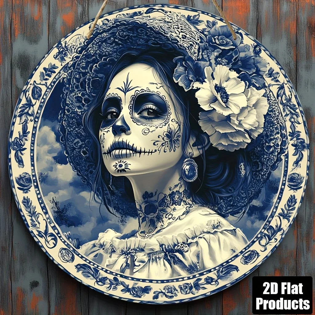 CIFBUY Retro Blue Porcelain Skull Makeup Aluminum Wall Art Waterproof Wearproof Home Bar Cafe Kitchen Room Yard Decor