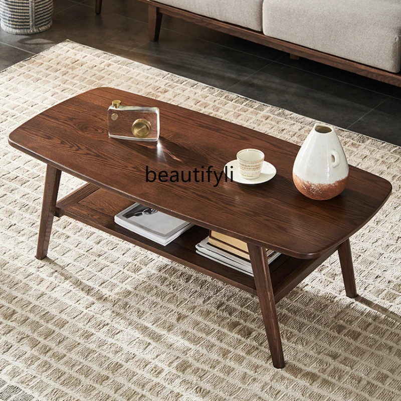 

Solid Wood Coffee Table Modern Simple Home Oak Double Storage Tea Table Log Coffee Table