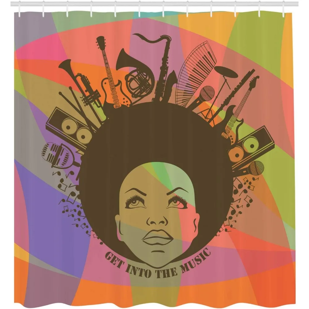 امرأة أمريكية شابة مع الآلات الموسيقية على ستارة الدش - ديكور حمام من القماش المطبوع