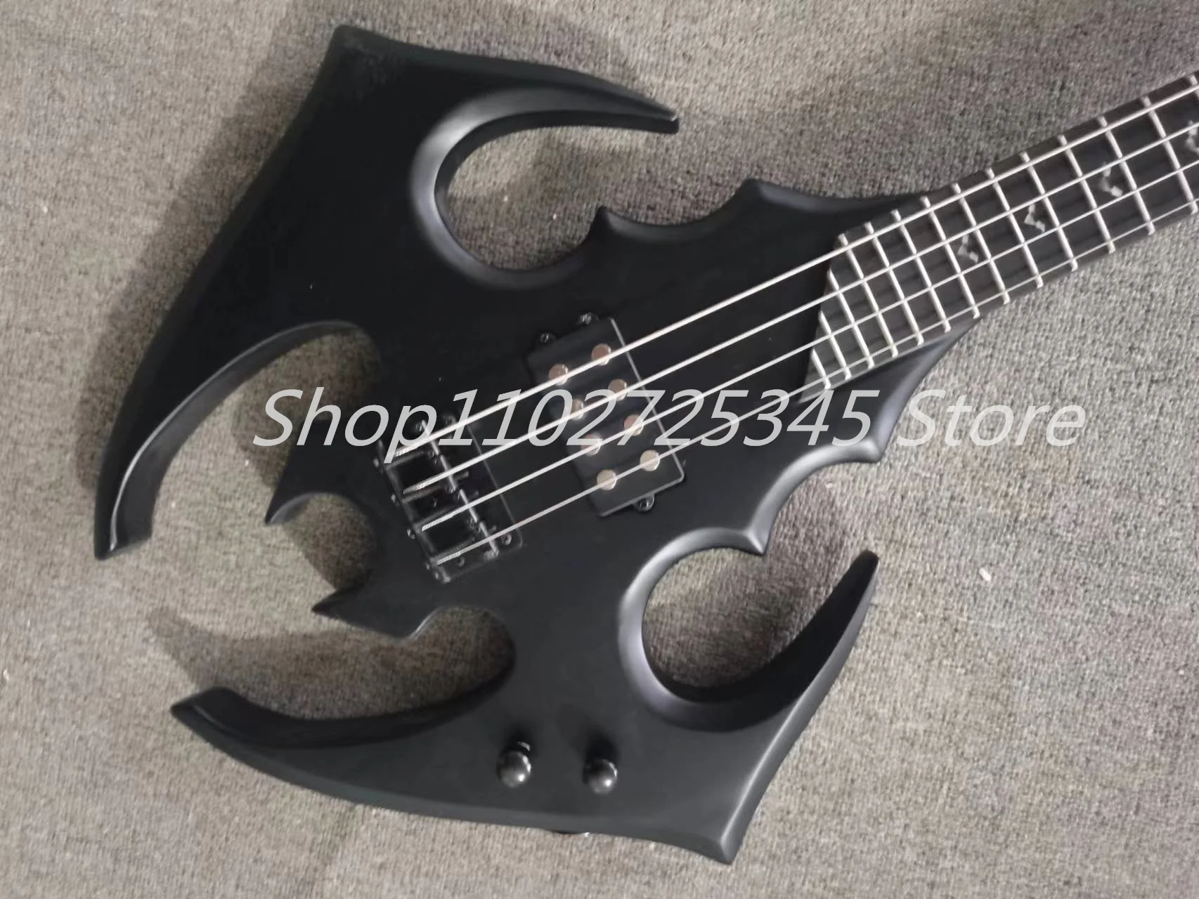 4 string bass, matte black paint, black accessories, rose wood fingerboard, customizable