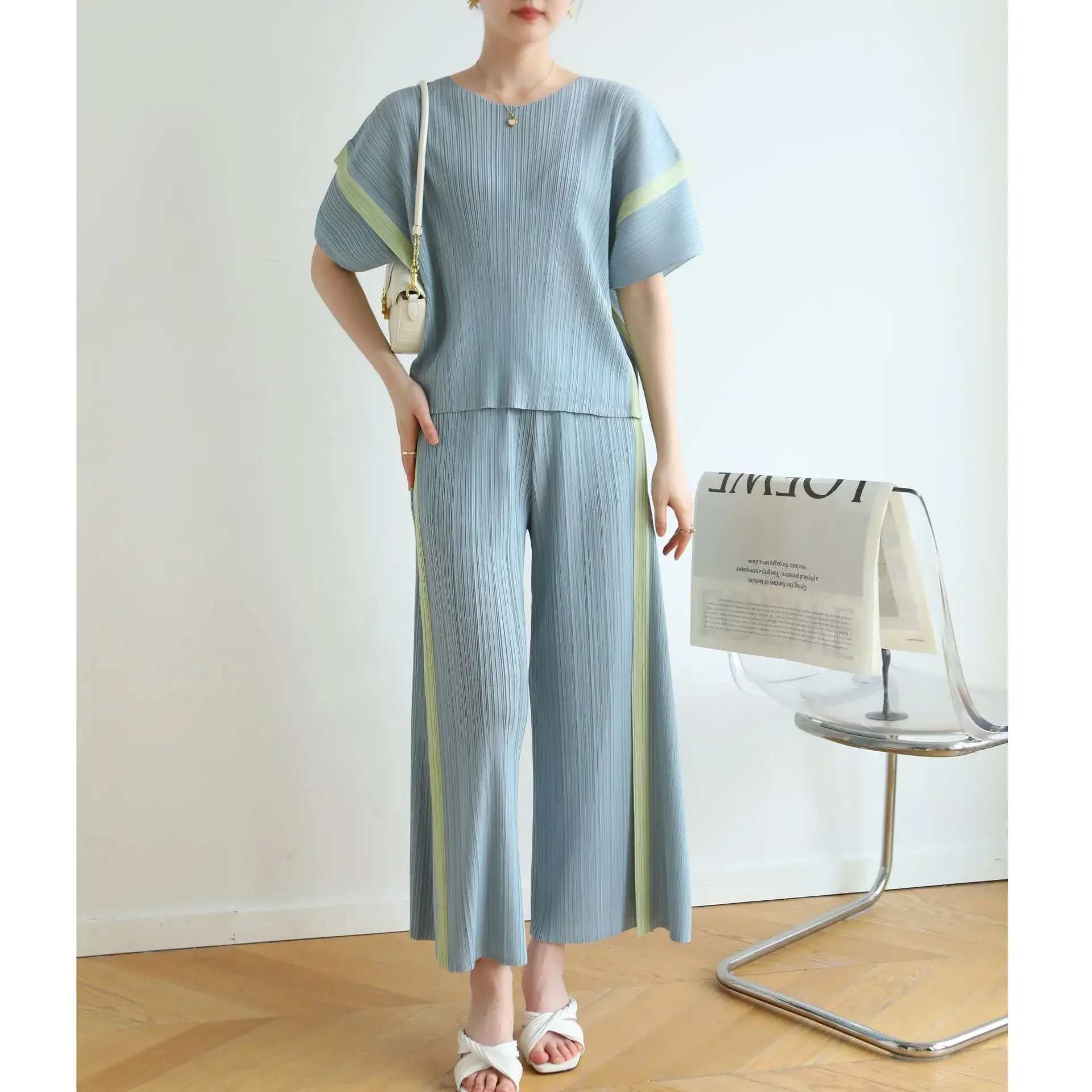 MIA XU Pleats Pants Sets 2025 Summer Miyake High-end Pleats Color Blocking False Two Pieces Fashion Casual T-shirt Pants Set