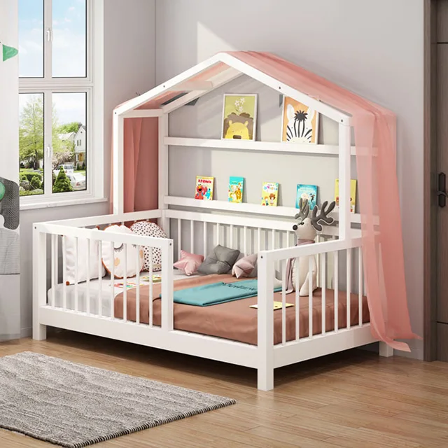 Cama Montessori lit en bois de pin en forme de maison avec Rails lit de maison en bois pour enfants chambre à coucher décor à la maison meubles chambre
