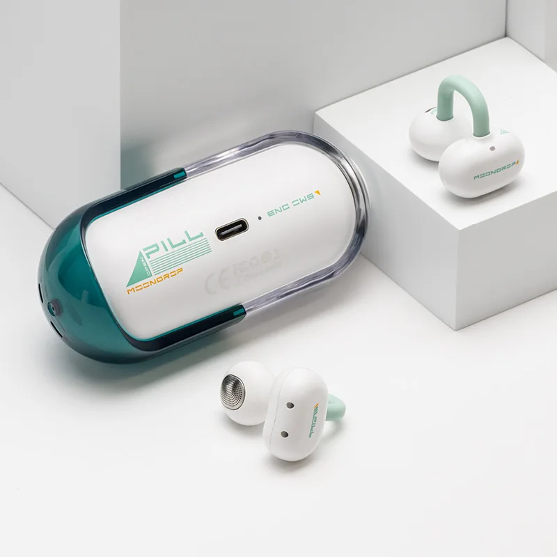 سماعات أذن لاسلكية من Moondrop Pill سماعات أذن مفتوحة مزودة بتقنية البلوتوث 6.0 OWS سماعات معلقة IPX4 مشبك أذن مفتوح مدمج AI ENC