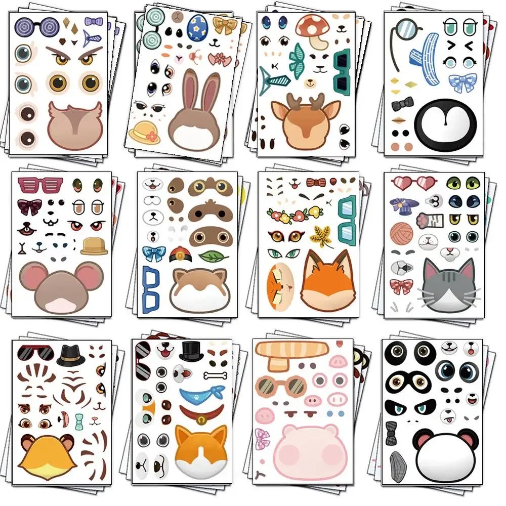 32Sheets Children DIY Puzzle Sticker Games 16 Animals Face Funny Assemble Jigsaw Stickers Kids Educational Toys Boys Girls Gifts