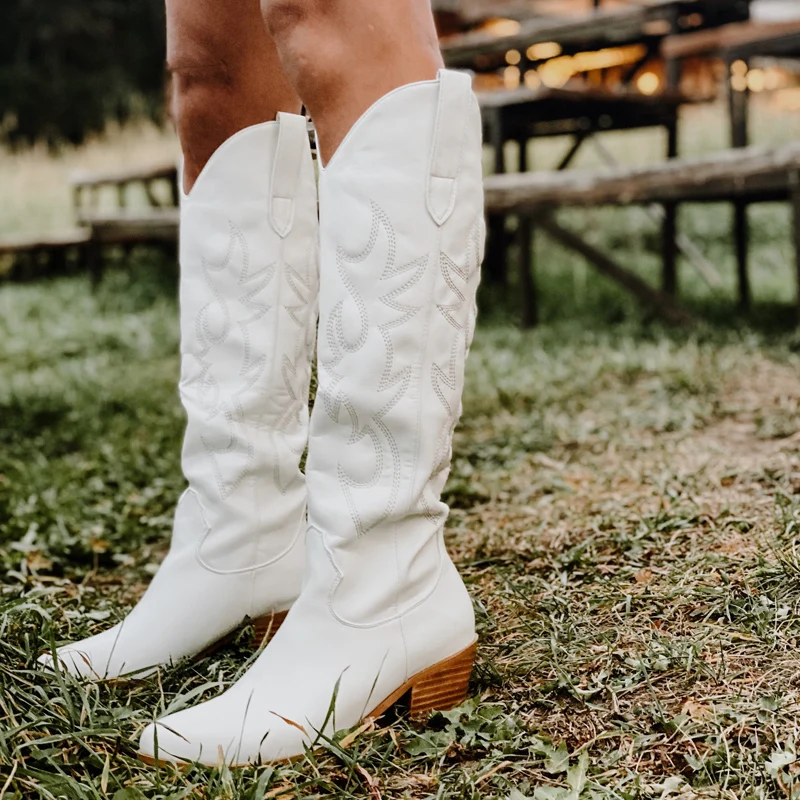 Onlymaker Women White Knee High Boots Western Cowboy Boots Wide Calf Embroidered Pointed Toe Block Heel Pull-On Cowgirl Booties