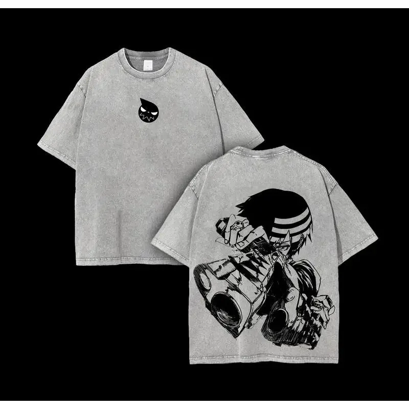 Vintage Washed Anime Soul Eater Death The Kid  Print T-shirt Unisex Tshirts Casual Oversized Short Sleeve Cotton T Shirt Tops