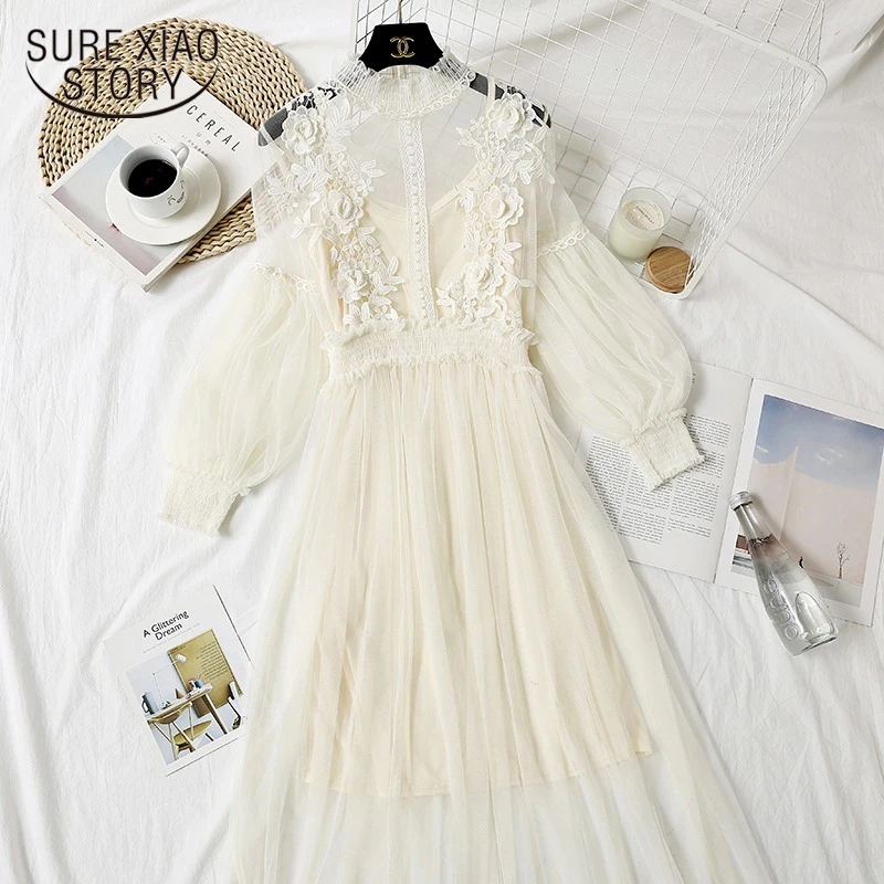 여성용 레이스 플라워 드레스, 랜턴 소매 보일 롱 드레스, 후크 공주 드레스, 2 피스 세트, 신상 로브, 12041 