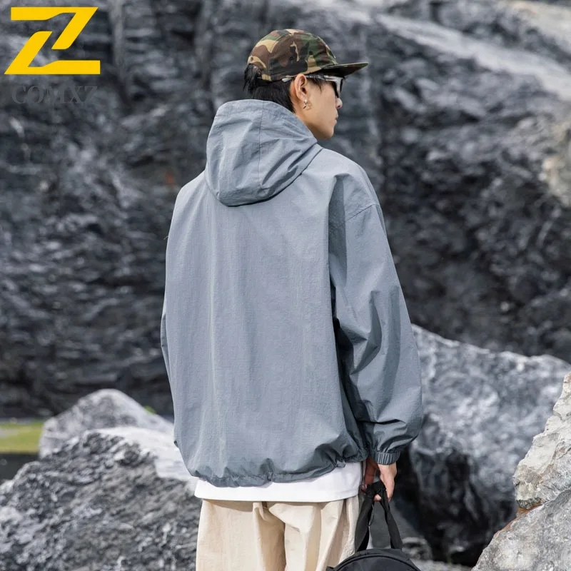 COMXZ 2025 Mens Jacket New Classics Outdoor Streetwear 3-in-1 Hooded Jacket Unisex Half-Zip Loose Autumn Pullover Windbreaker