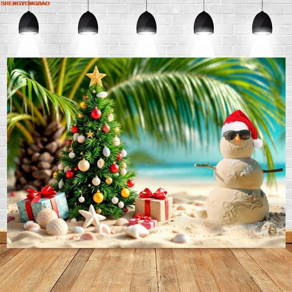 الصيف عيد الميلاد خلفية شاطئ البحر شجرة جوز الهند ثلج شجرة عيد الميلاد هدايا الطفل الاطفال صورة خلفية التصوير الفوتوغرافي