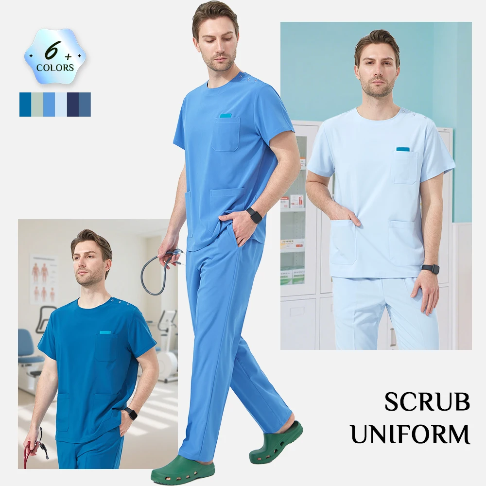 Male Medical Scrubs Pet Hospital Uniform V Neck Top Drawstring Pants Soft Nurse Slim Suit Dental Pet Beauty Salon Workwear S02