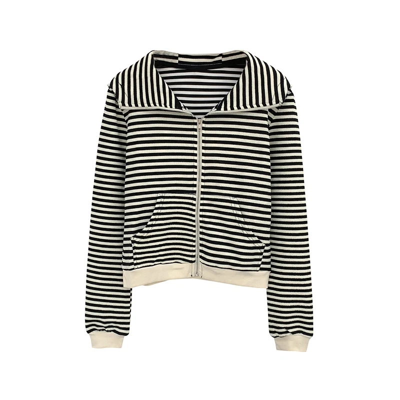 Autumn New Women Zipper Striped Hoodies Jacket Loose Casual Long Sleeved Short Hooded Sweatshirts Coat Fashionable Versatile