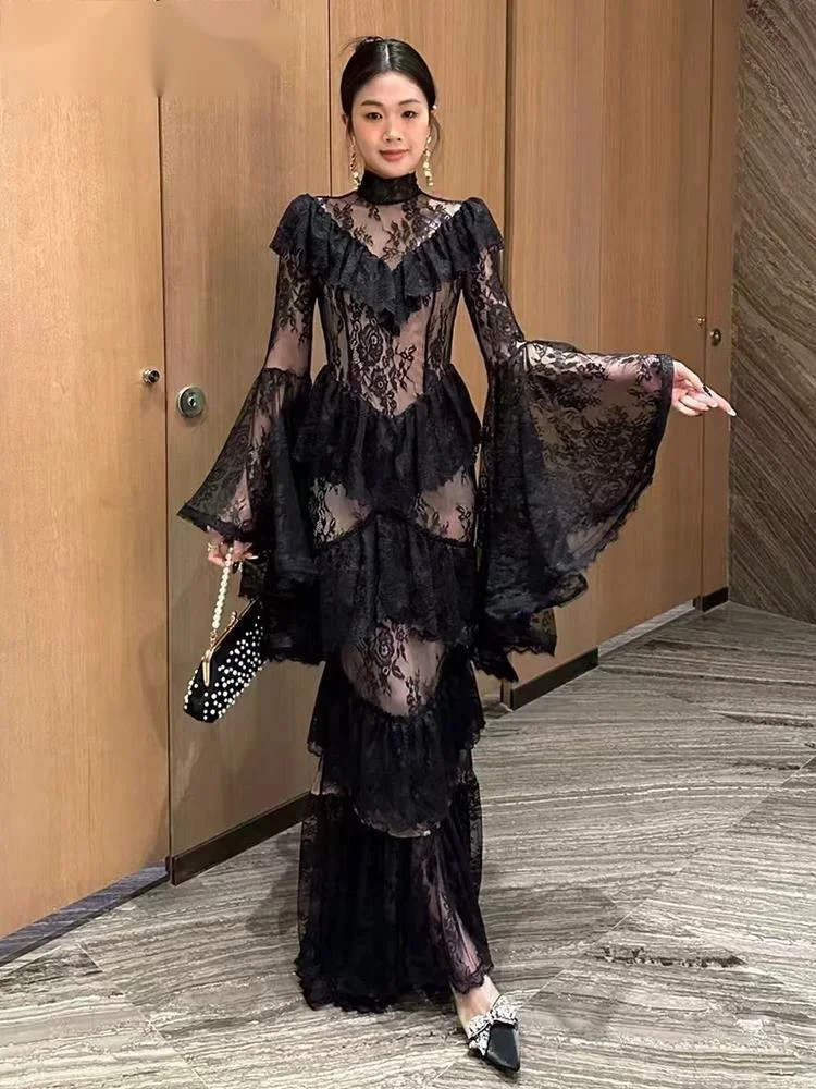 Fashion Black Multi Layer Lace Dress Women's Stand Collar Slim Flare Sleeves Ankle-length Dresses Autumn Sprin QCU2