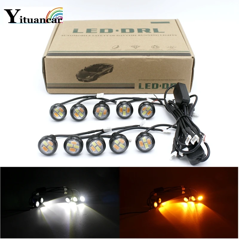 Yituancar 10Pcs 23MM LED Eagle Eye Daytime Running Light DRL White Amber Waterproof DC12V Car Front Grille Kit Fog Lamp
