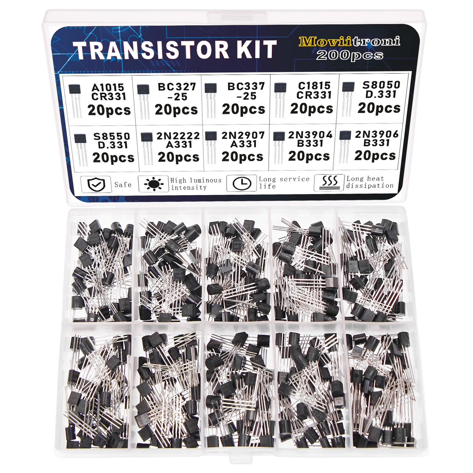 200 stks BJT Transistor Kit Bipolaire Power Transistors A1015 BC327 BC337 C1815 S8050 S8850 2N2222 2N2907 2N3904 2N3906 PNP NPN