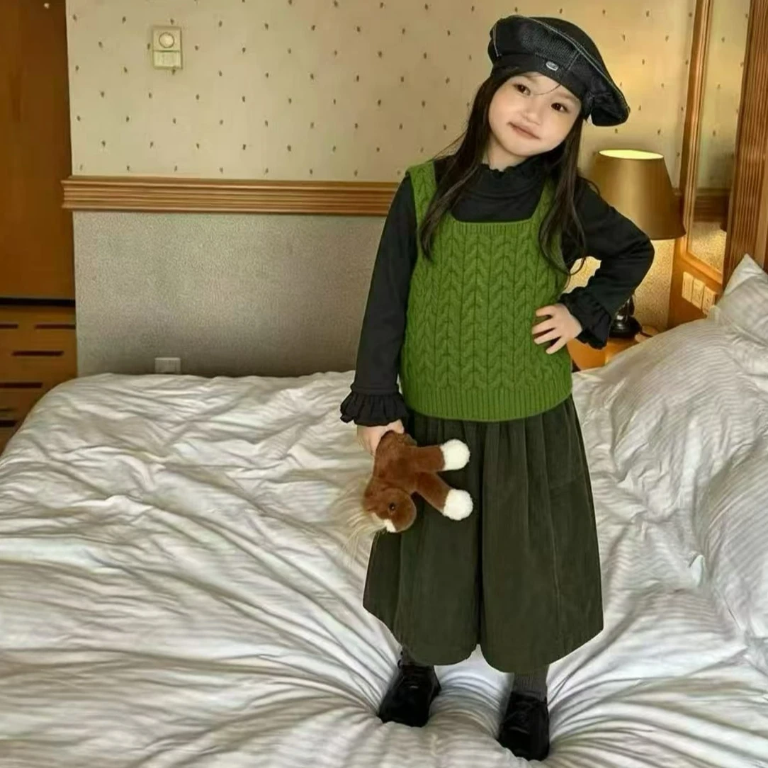 Autumn Winter Girls 3‑Piece Clothing Set Sleeveless Knit Sweater Vest +Long‑Sleeve Undershirt +Casual Pants Fashion Kids Outfit