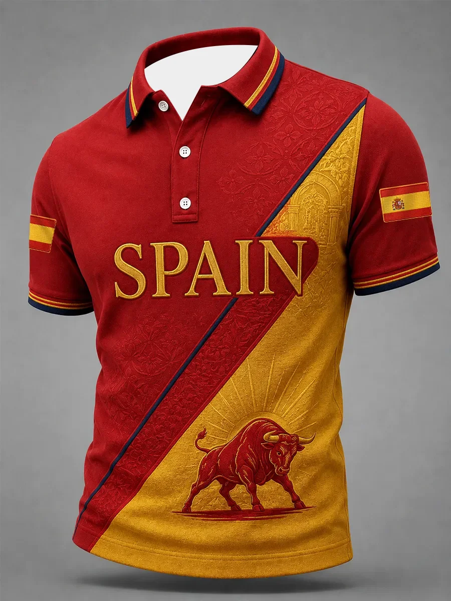 Men's 2026 Commemorative Spanish Football Fan Polo with 3D Print, Stylish, Breathable, Quick-drying, and Sweat-absorbent