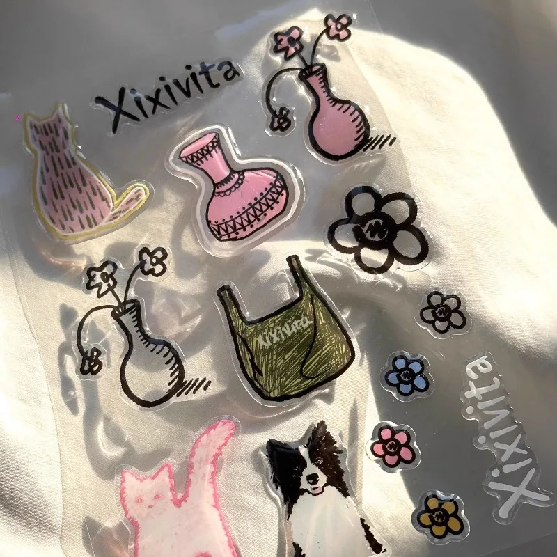 Korean Simple Ins Style Transparent Jelly Sticker Cute Cartoon Small Animal Pet Bag Flower Sticker
