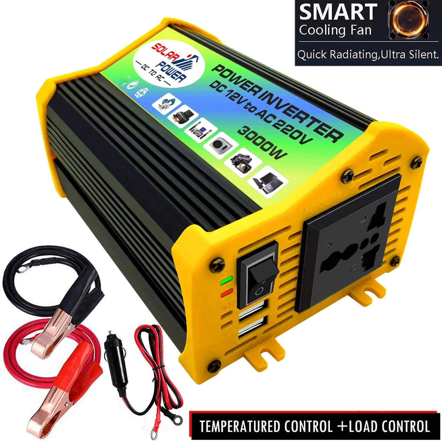 

Автомобильный инвертор-преобразователь напряжения с модифицированной синусоидой, 12В DC в 3000Вт AC, с двумя USB-портами