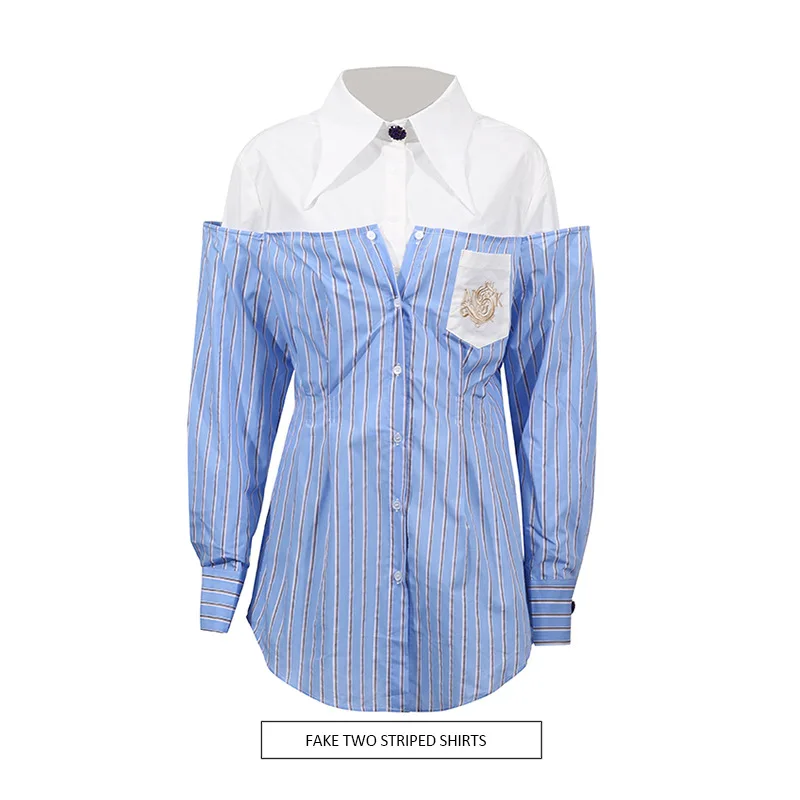 

Trendy 2025 Women Blouse Unique Design Long Sleeve Button Down Shirt Stripe Patchwork Fake Two Piece