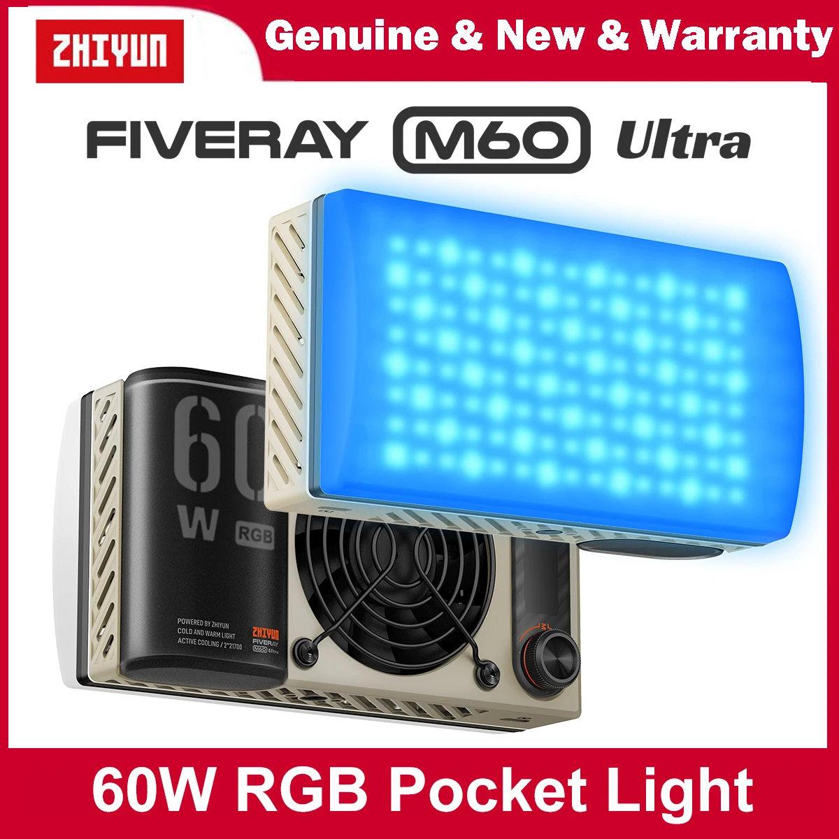 ZHIYUN FIVERAY M60 Ultra 60W RGB COB 포켓 라이트, 높은 CRI ≥95, 풀 컬러 2500‑10000K, 4500mAh 배터리, Vlog용 앱 제어