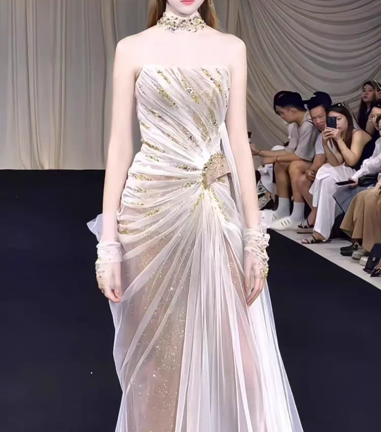 customized strapless gold glitter ruched sheer tulle high slit bodycon maxi evening dress with matching mesh glove