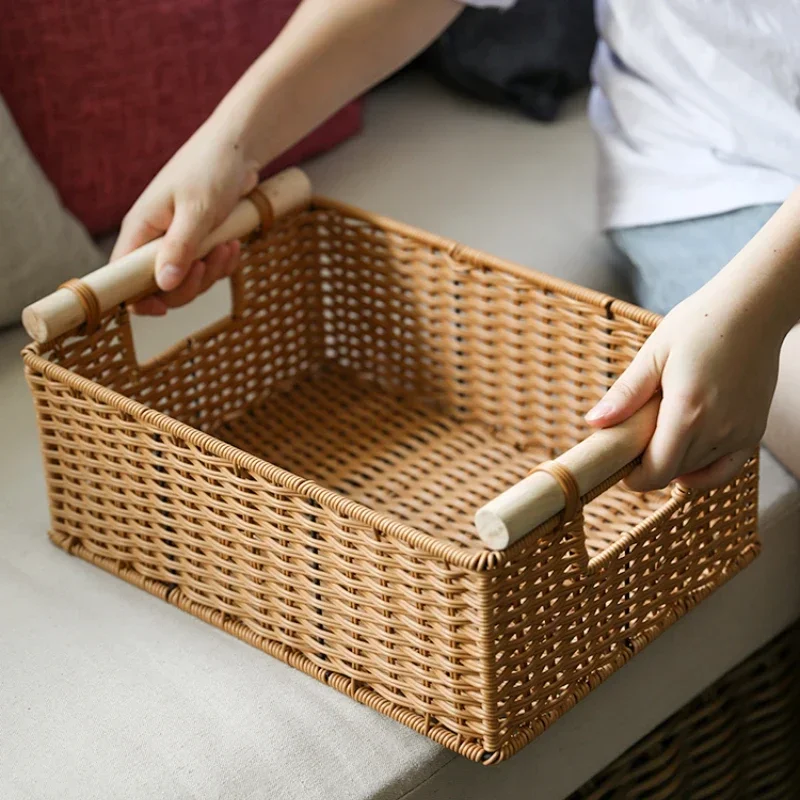 

Japanese Wooden Handle Basket – Imitation Rattan Weaving OrganizerSnack and Sundries Storage ContainerSimple and Elegant Design.