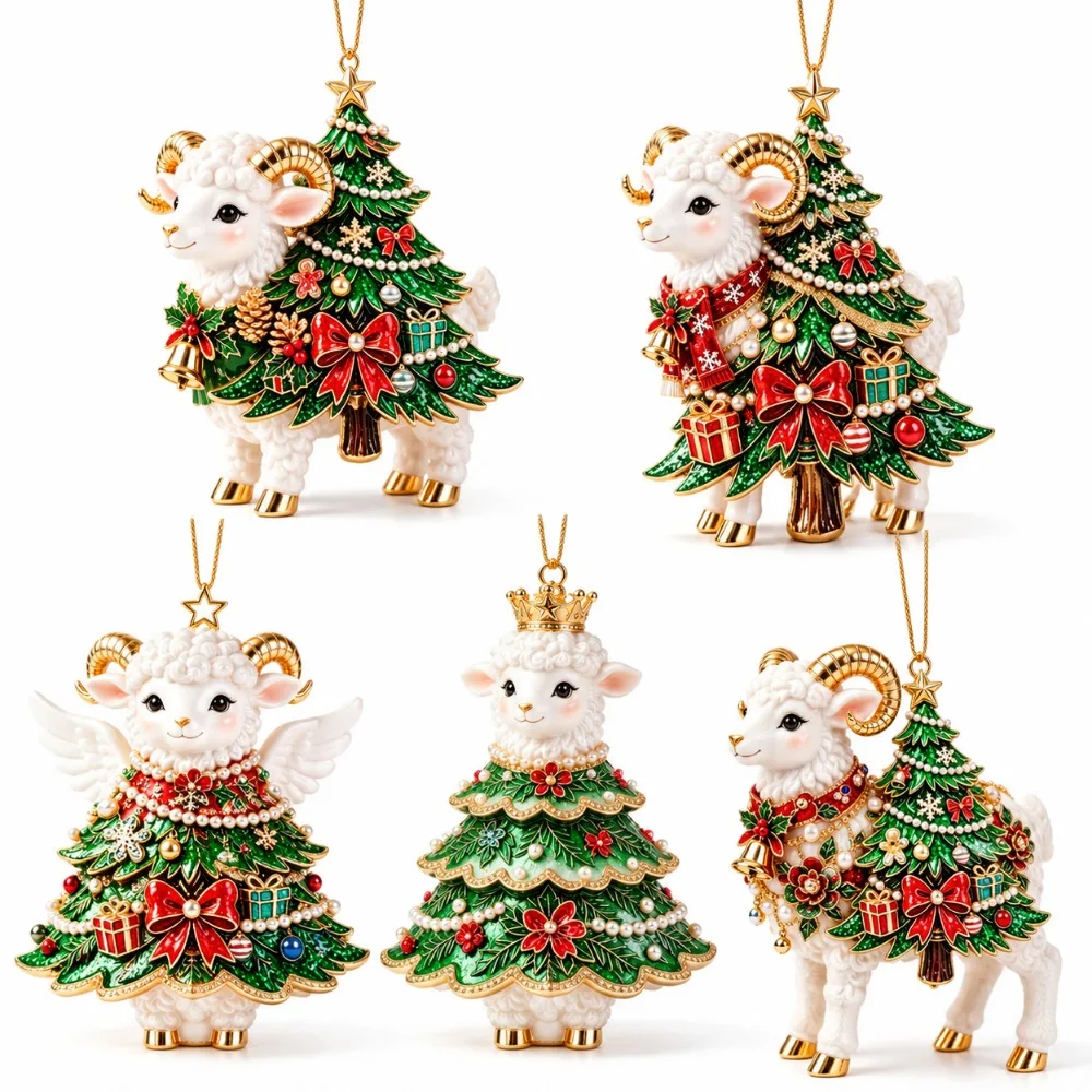 2D Flat Goat Hanging Ornament Set Acrylic Artificial Rhinestone Animal Hanging Decoration Simulation Shining Keychain