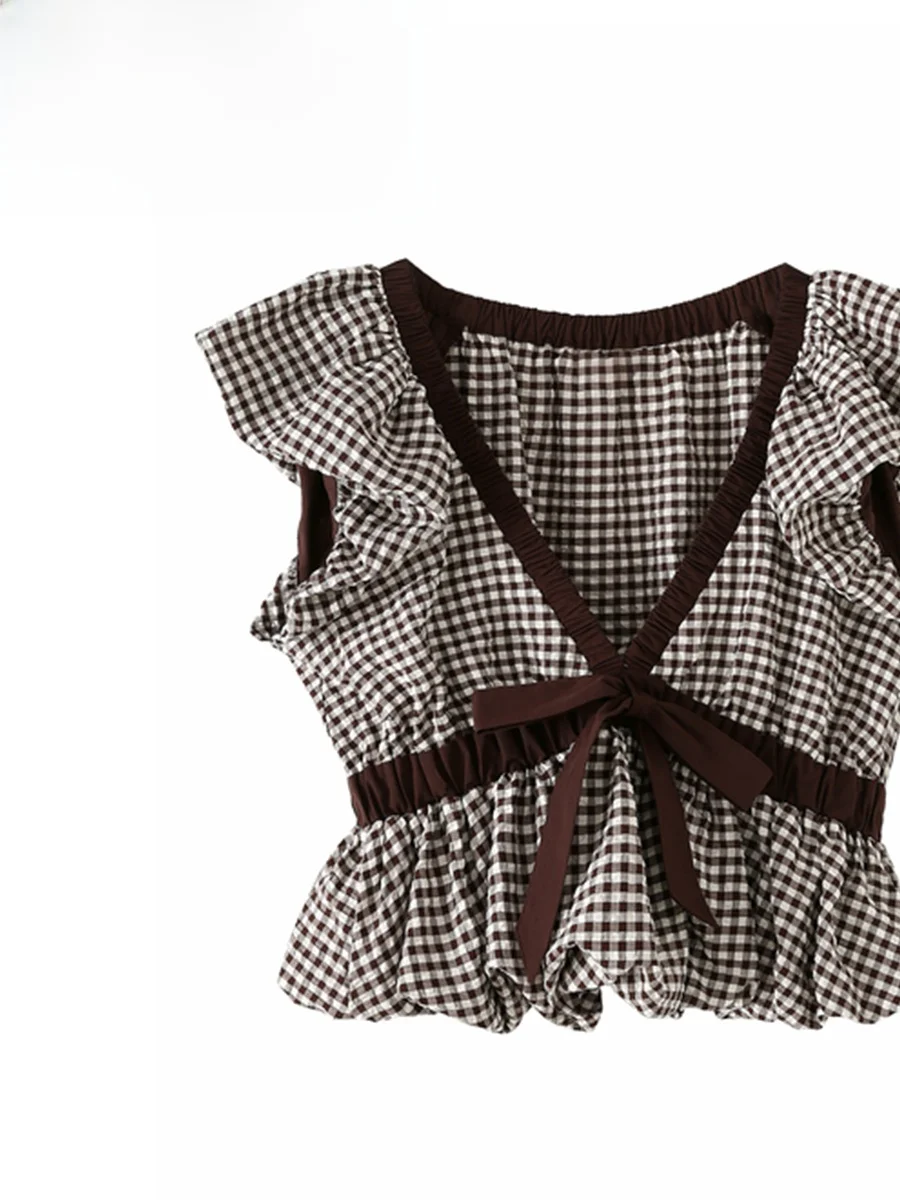 

Женская блузка ZARK, новая весенняя коллекция, с V-образным вырезом, укороченная, приталенная, с поясом-бантом, в мелкую клетку, из полиэстера