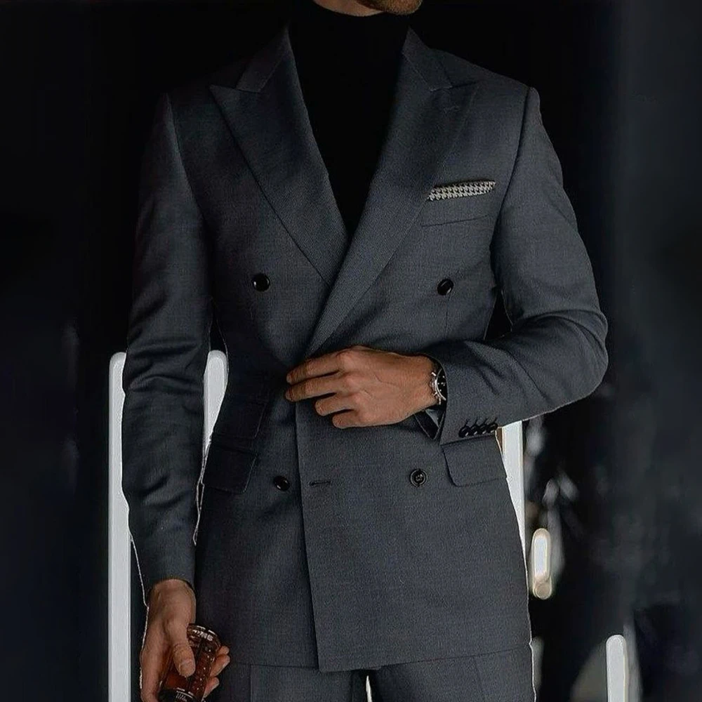 

Elegent Grey Suits For Men Double Breasted Bussiness Blazer Wedding Groom Tuxedo Slim Fit 2 Piece Set Jacket Pants Costume Homme