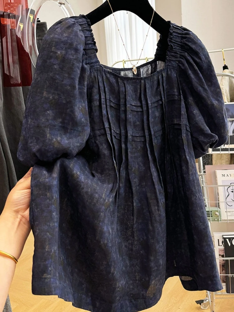 

Korean Fashion Blouse Tie Dye Pleated Tops Sqyare Collar Puff Sleeve Shirts Summer Casual Loose All Match Vintage Women Clothing