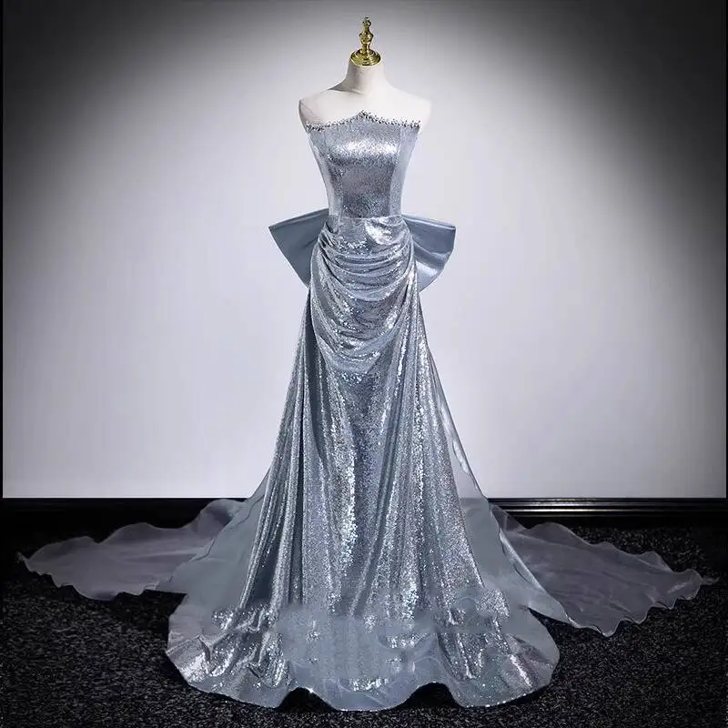

Серебряное вечернее платье без бретелек для женщин, новинка 2025, элитное студенческое художественное экзаментное платье для церемонии, платье для тостов невесты