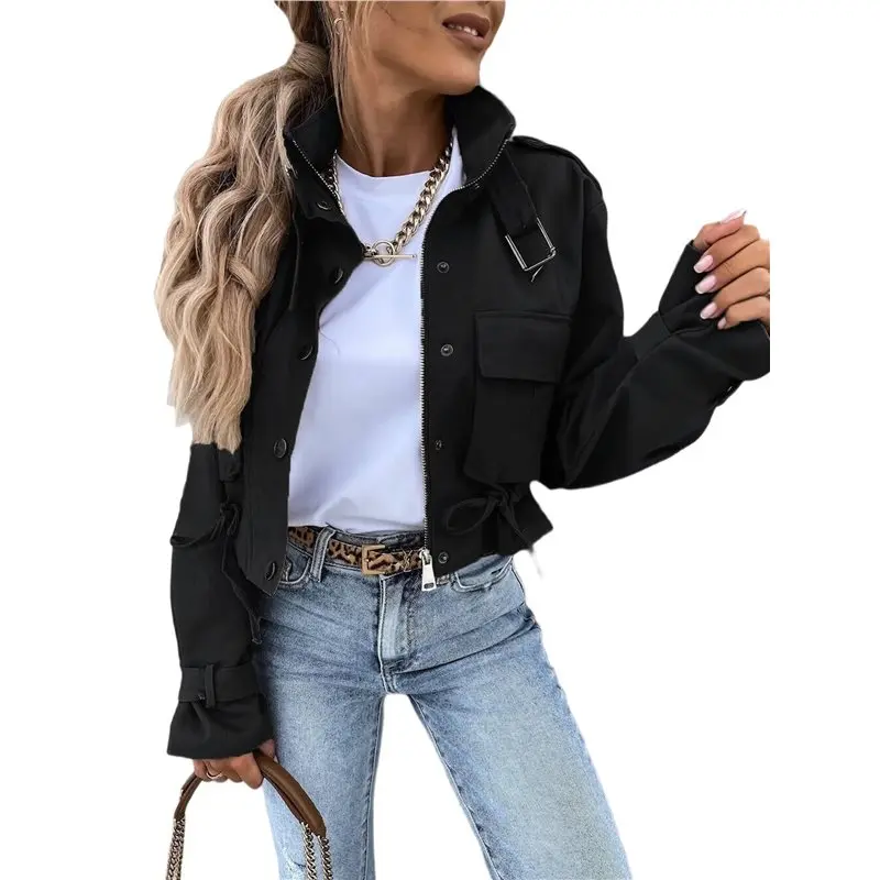 

CYL-Женская укороченная куртка на молнии с кнопками, повседневная, с воротником-стойкой, с завязками на талии, короткая осенняя куртка, черная, размер M