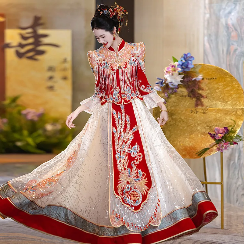 

Роскошное свадебное платье с воротником-стойкой Xiuhe, новинка 2025, китайское свадебное платье для невесты, пальто с драконом и фениксом, платье в китайском стиле в стиле ретро