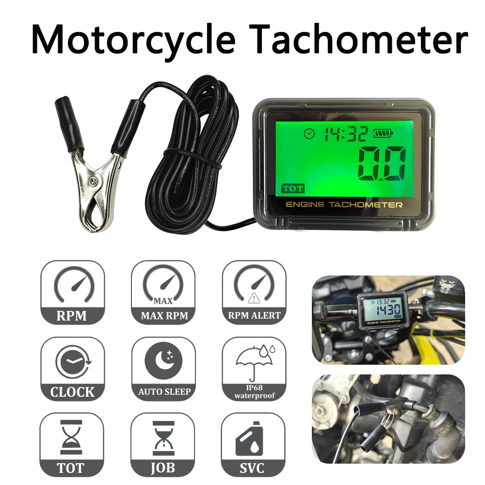 Motorcycle Tachometer Gasoline Engine Tach Hour Meter Waterproof RPM Clock Maintenance Timing Max RPM Alarm With Alligator Clip